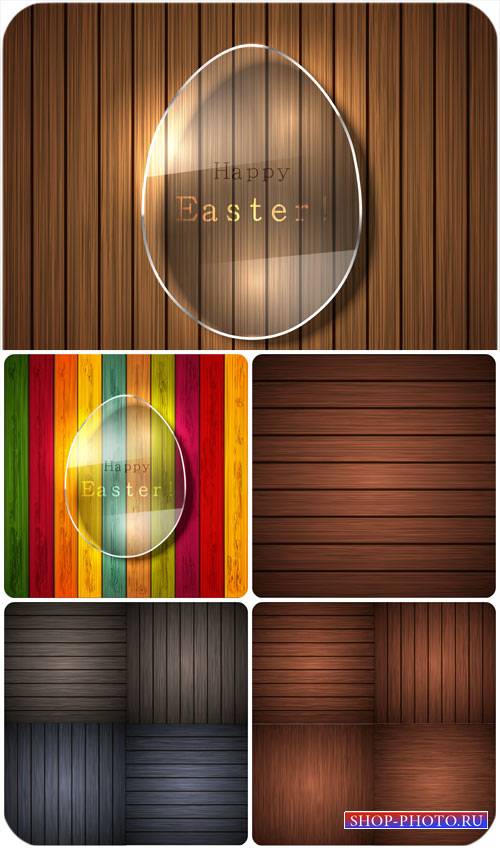 Деревянные фоны с пасхальными элементами, вектор / Wooden background with Easter elements, vector