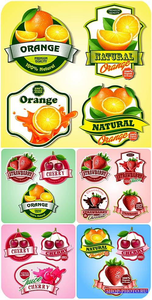 Продуктовые этикетки в векторе, фрукты и ягоды / Food labels vector, fruits and berries
