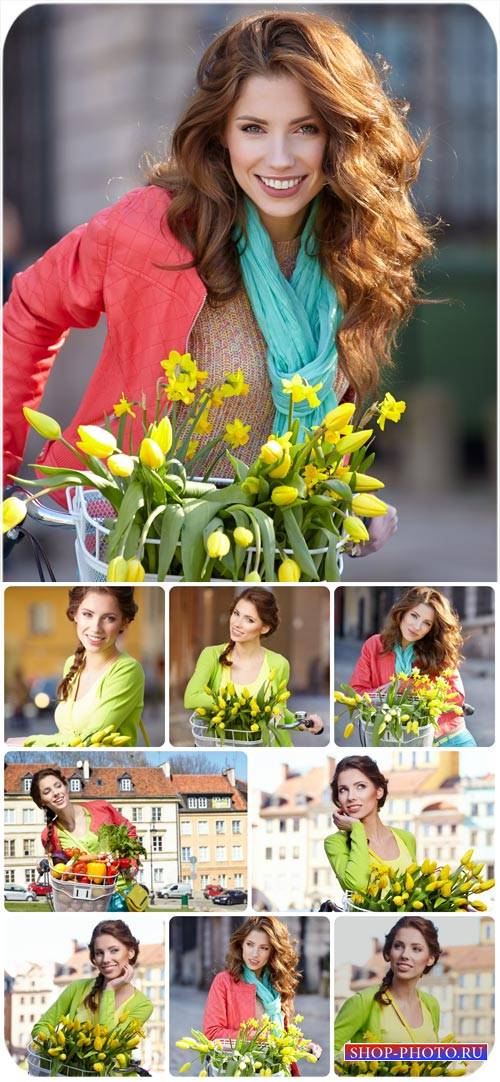 Красивая девушка на велосипеде с цветами / Beautiful girl on a bicycle with flowers - Stock Photo