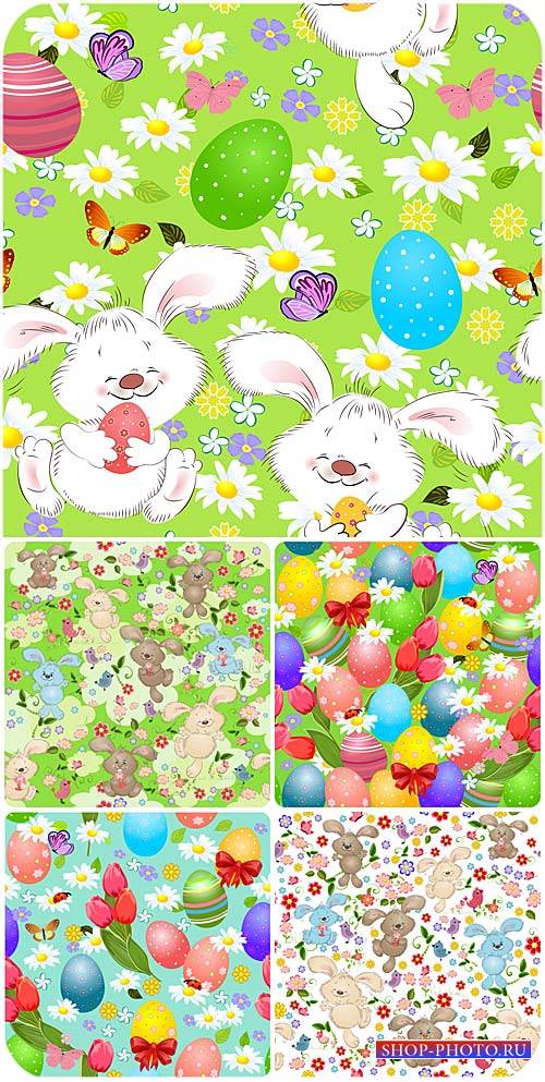 Пасхальные векторные фоны с пасхальными яйцами, кроликами и цветами / Easter vector backgrounds