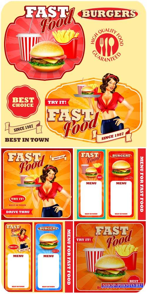 Продукты быстрого питания, фоны и этикетки в векторе / Fast foods, backgrounds and labels vector
