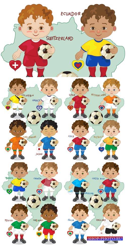Детские футбольные команды разных стран мира, вектор / Youth football teams around the world, vector