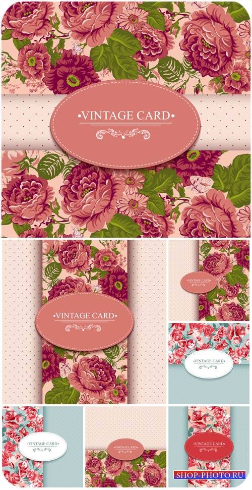 Винтажные фоны с цветами, векторные карточки / Vintage background with flowers, vector card
