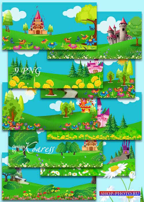 Детские фоны с нарисованными замками, цветами, деревьями