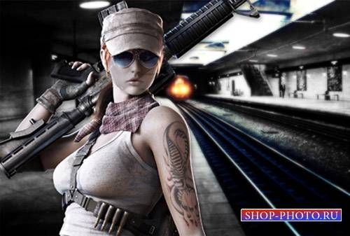  Шаблон для Photoshop - В метро вооруженная девушка 