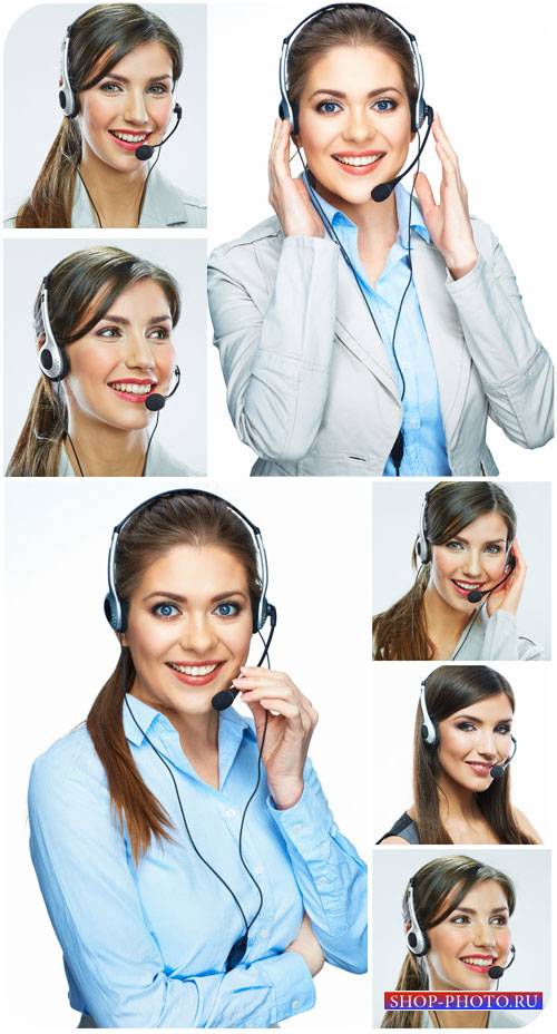 Девушки-операторы, девушка в наушниках / Girls operators, girl with headphones - Stock Photo