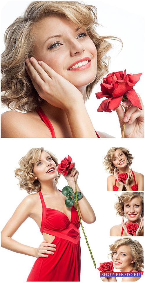 Девушка в красном платье с розой / Girl in a red dress with a rose - Stock Photo