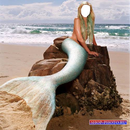  Шаблон для Photoshop - Русалка у моря на камне 