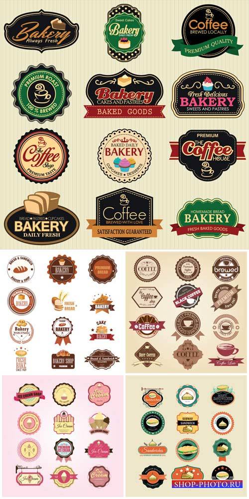 Продуктовые этикетки в векторе, хлеб, кофе / Food labels vector, bread, coffee