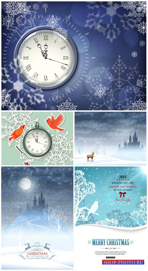 Рождественский вектор, новогодние куранты, зимние фоны с снежинками / Christmas vector