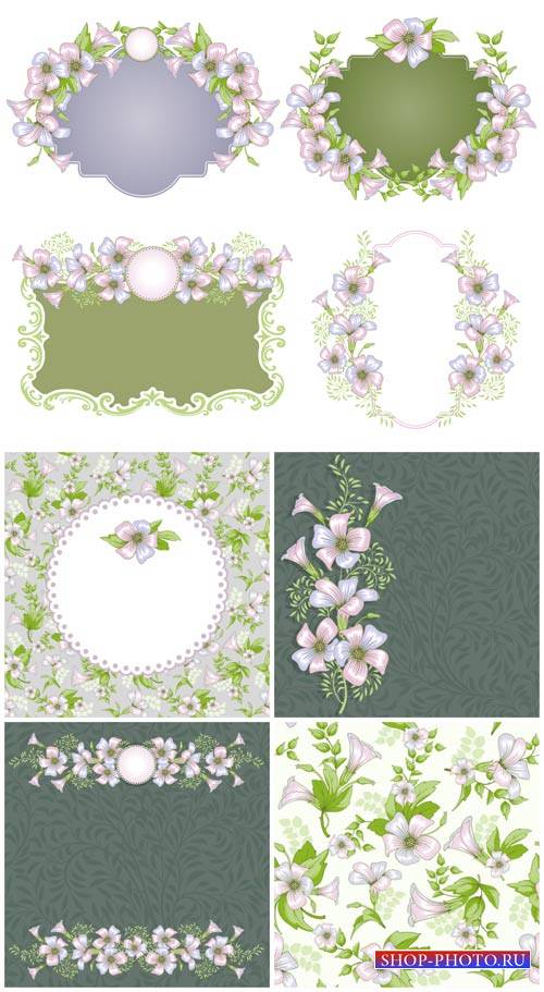 Нежные векторные фоны с цветочками, цветочные рамки / Gentle vector backgrounds with flowers, floral