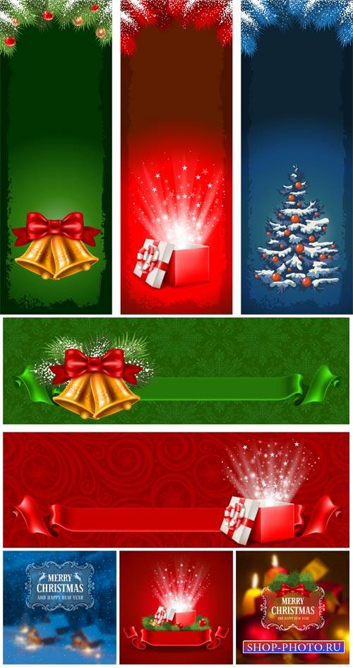 Рождественский вектор, баннеры с колокольчиками и елкой / Christmas vector, banners with bells and tree