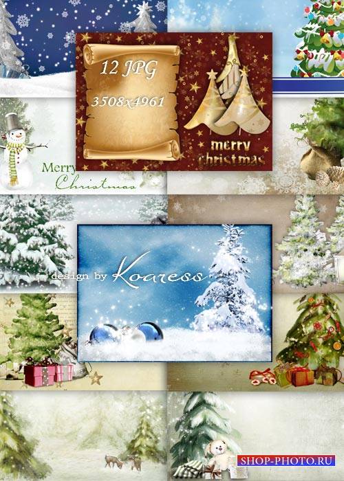 Зимние фоны для открыток - зимний лес, елки, снеговики, елочные игрушки
