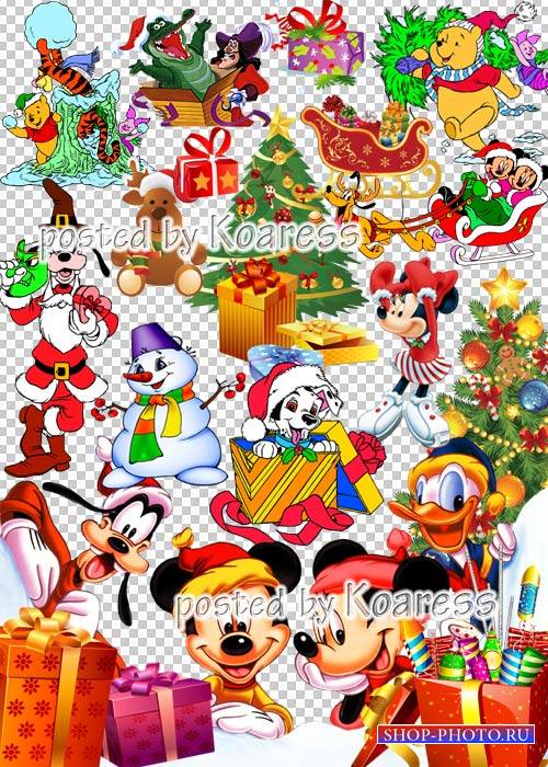 Детский зимний новогодний, рождественский png клипарт для фотошопа с героями мультфильмов Диснея, елками, подарками