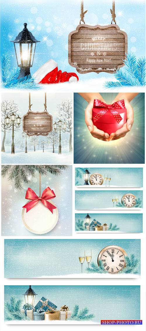 Christmas vector, winter landscape, banners with chimes and champagne