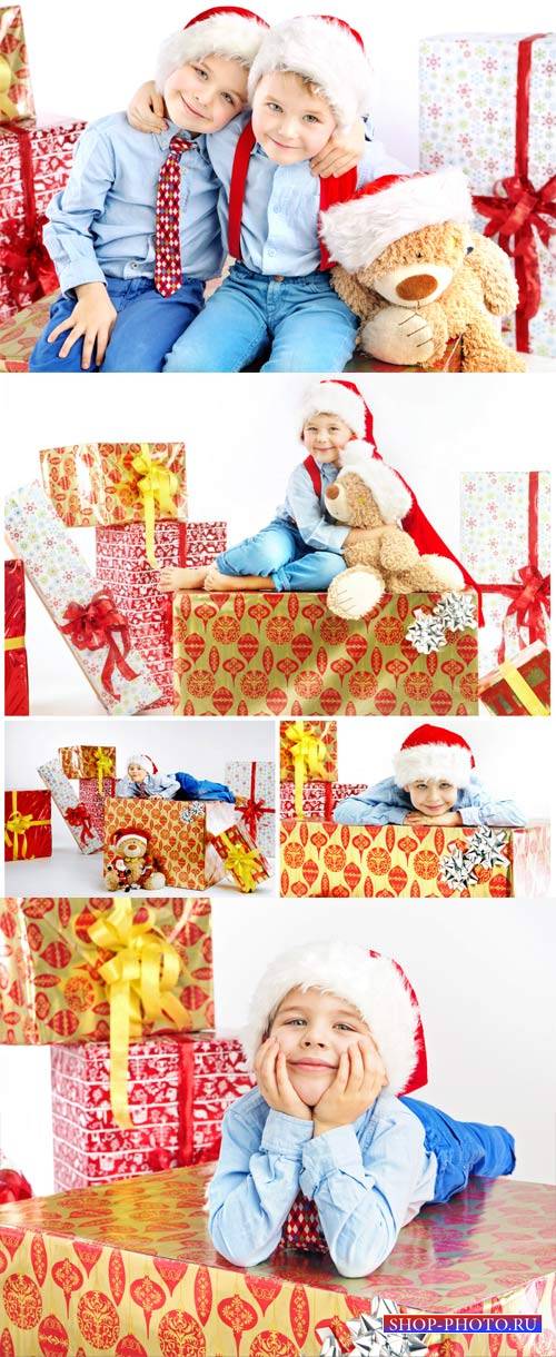 Children and the new year, boys with gifts - stock photos