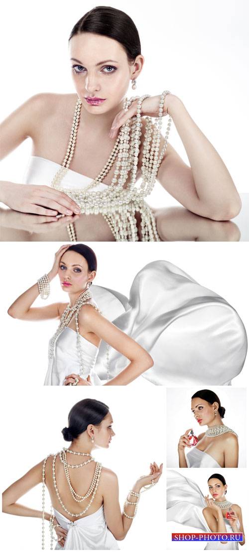 Girl in white dress, pearl decoration - stock photos