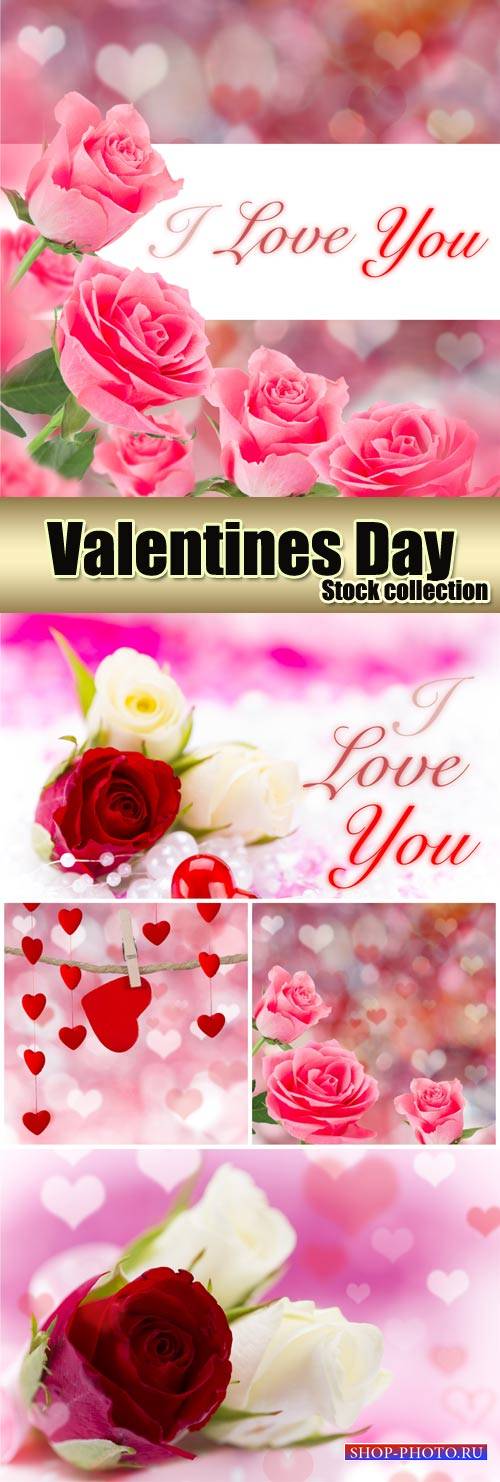 Romantic background with pink roses and hearts - stock photos