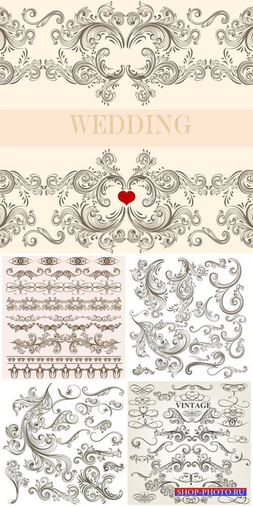 Wedding invitations, vintage decorative elements vector