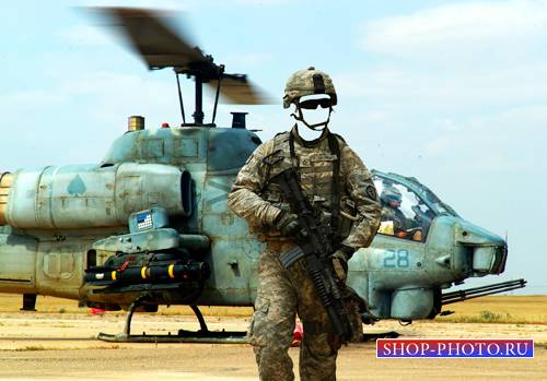 Шаблон для фотошопа  - Солдат у вертолета