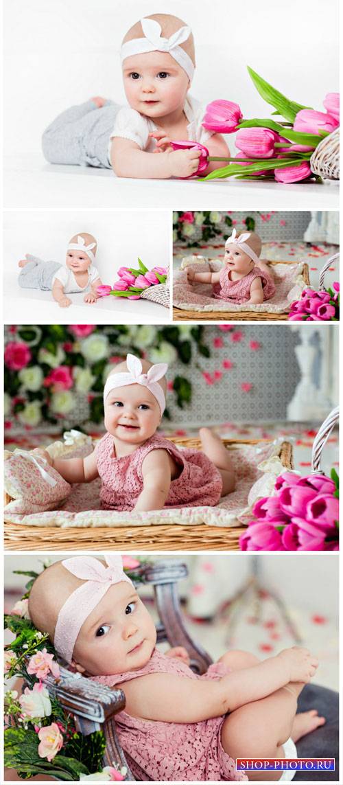 Little kid with tulips - stock photos