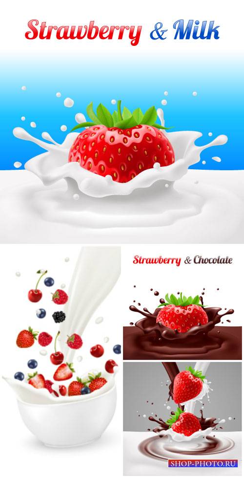 Milk and berries vector, strawberries, blueberries, raspberries