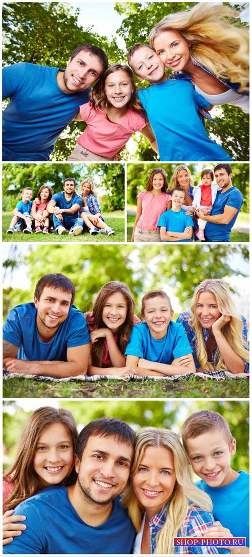 Happy family in nature, parents and children - stock photos