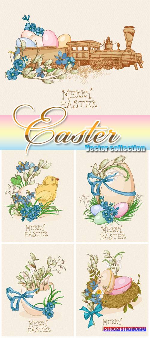 Vector Easter, easter eggs, bunnies and flowers in vintage style