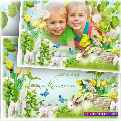 Весенняя рамка для фотошопа с цветами, птичкой и кроликом - Зеленая полянка