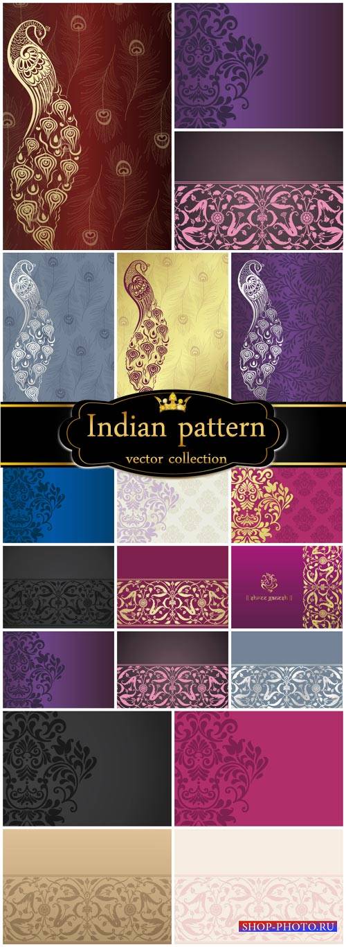 Indian patterns, vector backgrounds with peacocks and patterns