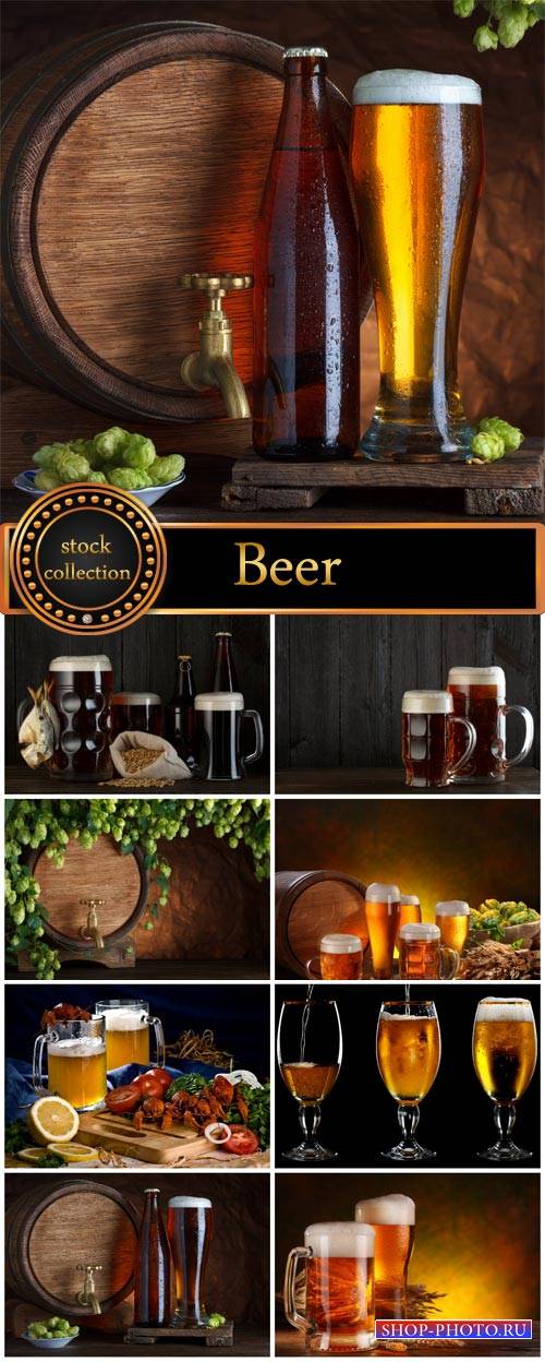 Beer barrels of beer, hops, fish - stock photos