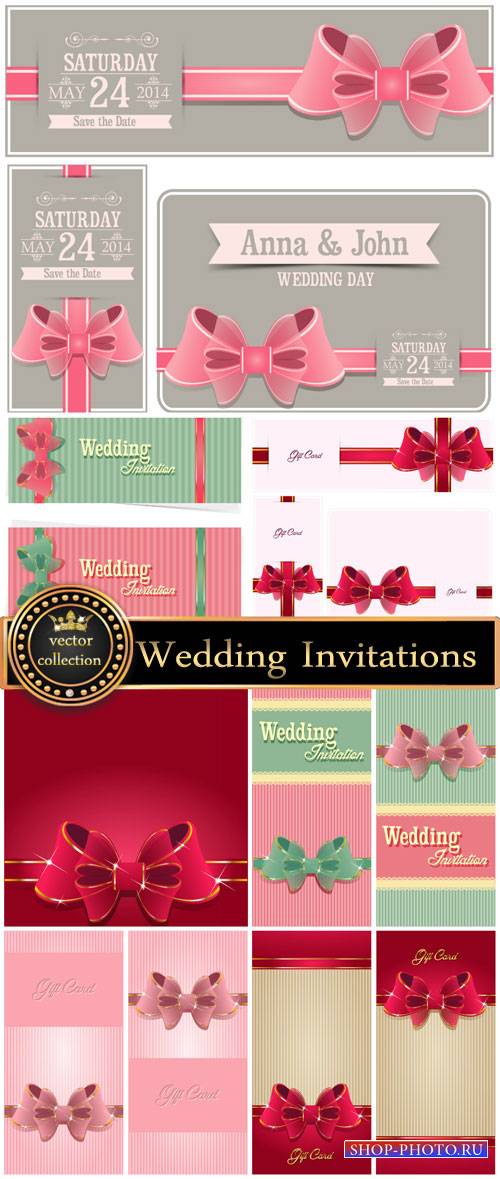 Wedding Invitations with ribbons, vector backgrounds