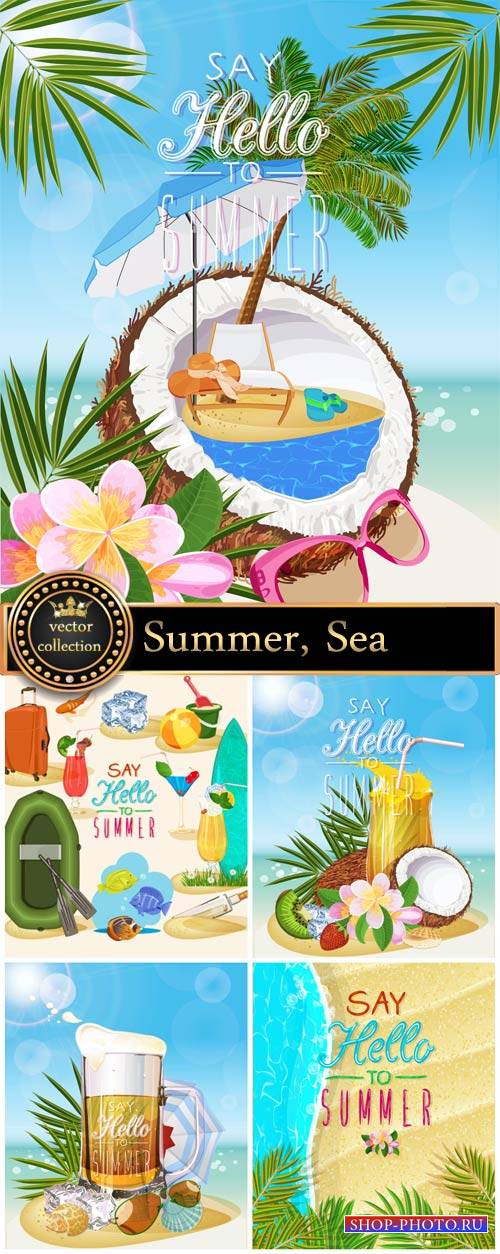Summer attributes, marine vector backgrounds and elements