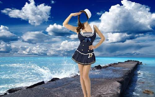  Шаблон psd женский - В костюме морячки у моря 