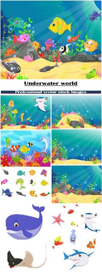 Иллюстрации подводного мира с кораллами и рыбами