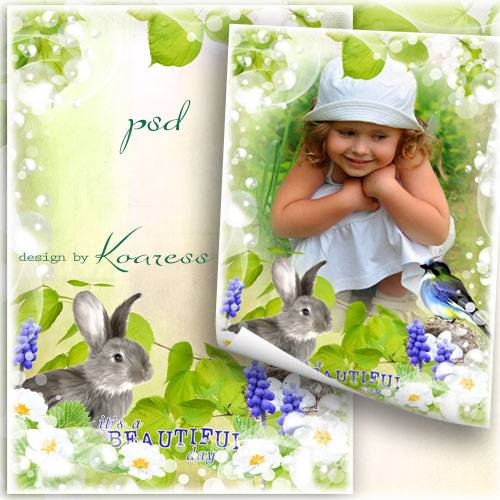 Детская рамка для фотошопа с зайчиком и птичкой - Весенний денек