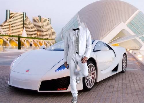  Шаблон для фотошопа - В белом костюме у спортивного автомобиля 
