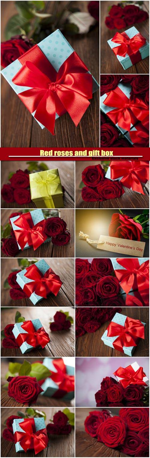 Red roses and gift box, love background