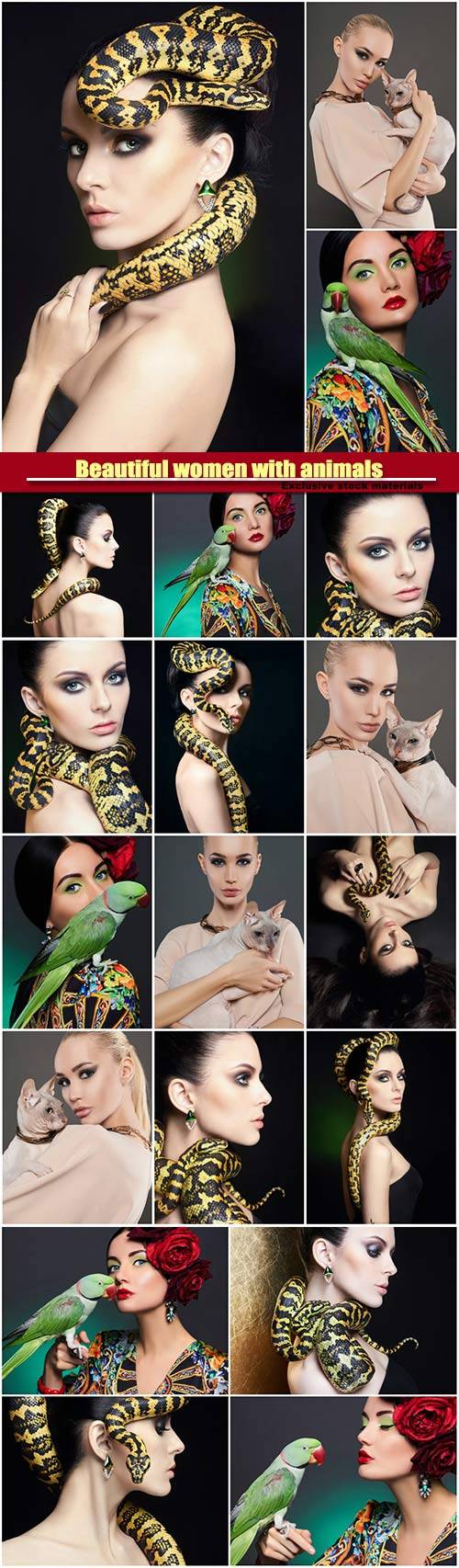 Beautiful women with animals, girl with snake girl with a parrot, girl with cat