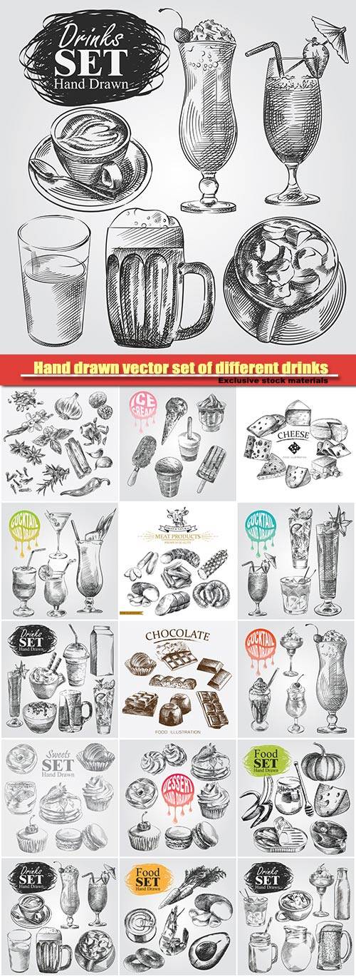 Hand drawn vector set of different drinks isolated on white background