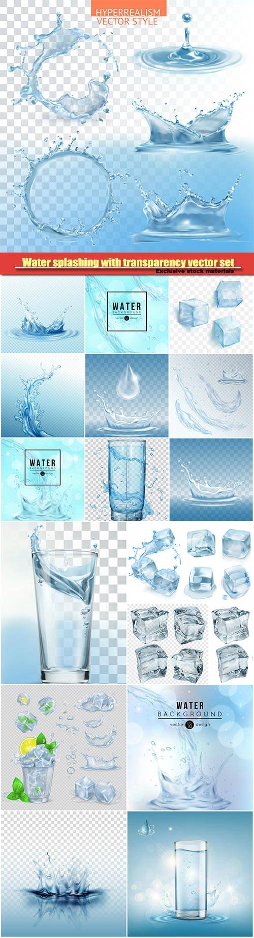 Water splashing with transparency vector set, glass with water, green mint leaves and ice cubes