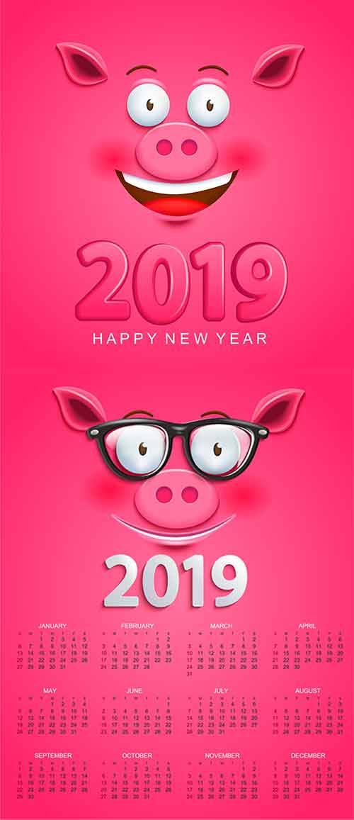   Календарь 2019 со свинкой - Векторный клипарт / Calendar 2019 with pig - Vector Graphics