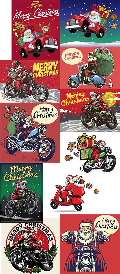   Санта Клаус на мотоцикле - Векторный клипарт / Santa on a motorcycle - Vector Graphics