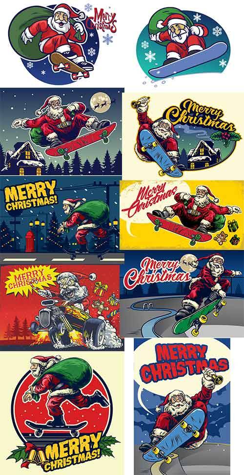 Санта Клаус на скайборде - Векторный клипарт / Santa Claus on skyboard - Vector Graphics