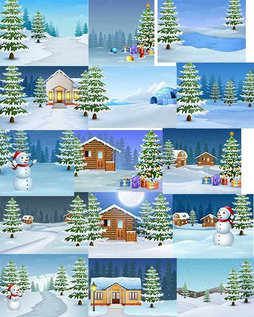 Зимние пейзажи - Векторный клипарт / Winter landscapes - vector clipart