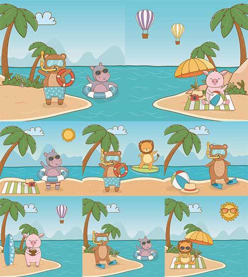   Летние каникулы зверей - Векторный клипарт / Summer holidays animals - Vector Graphics