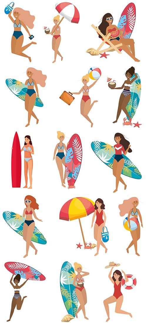 Девушки на пляже - Векторный клипарт / Girls on the beach - Vector Graphics