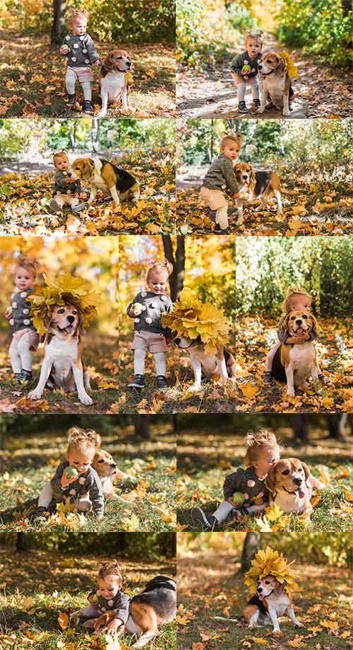  Девочка с собакой в осеннем парке - Клипарт / Girl with a dog in the autumn park - Clipart