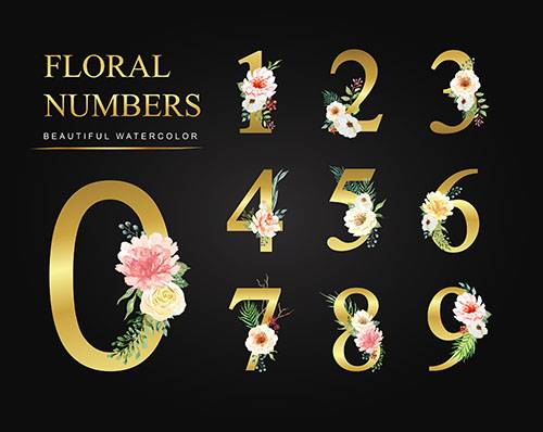  Золотые цифры с цветами - Векторный клипарт / Golden numbers with flowers - Vector Graphics