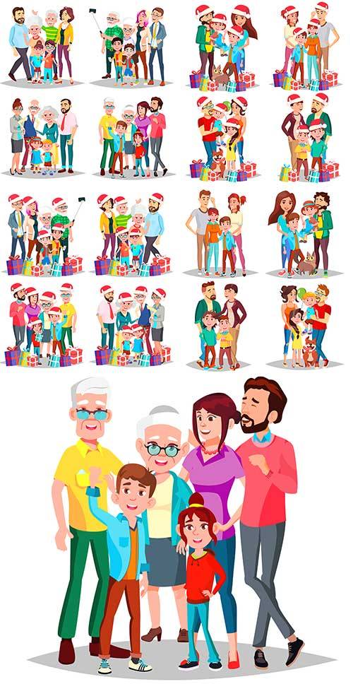   Семья с новогодними подарками - Векторный клипарт / Family with New Year presents - Vector Graphics